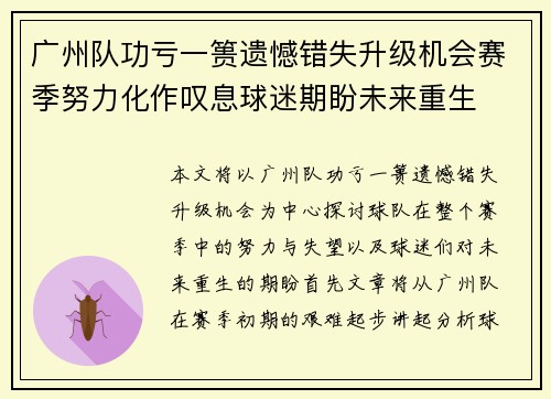 广州队功亏一篑遗憾错失升级机会赛季努力化作叹息球迷期盼未来重生