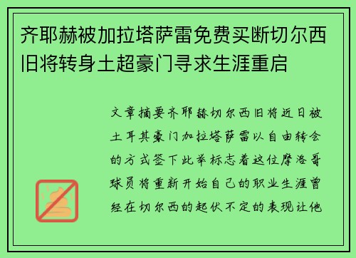 齐耶赫被加拉塔萨雷免费买断切尔西旧将转身土超豪门寻求生涯重启 齐耶赫被加拉塔萨雷免费买断切尔西旧将转身土超豪门寻求生涯重启